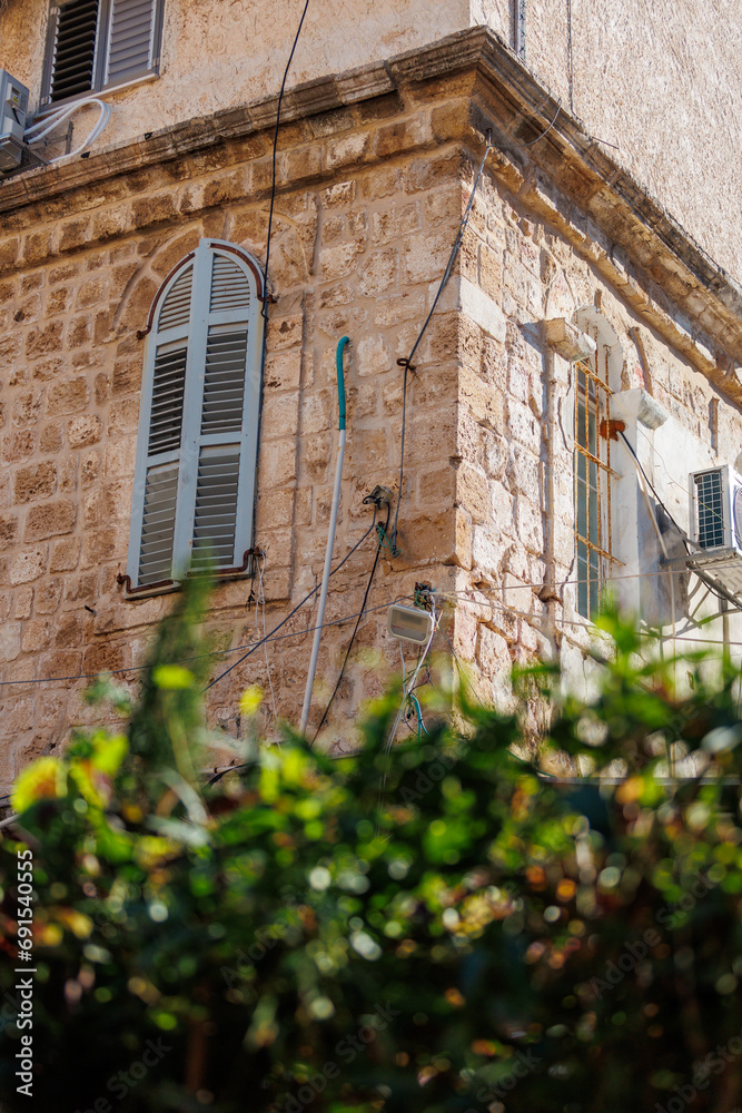 Fototapeta premium An Arabic house with palm trees in front in the city of Akko in northern Israel.