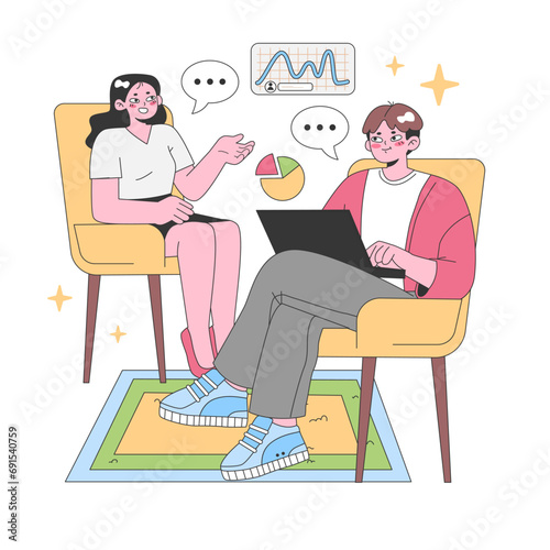 Two colleagues engaging in a data-driven discussion at a cozy workspace, with visual graphs floating in dialogue bubbles, emphasizing teamwork and analysis. Flat vector illustration