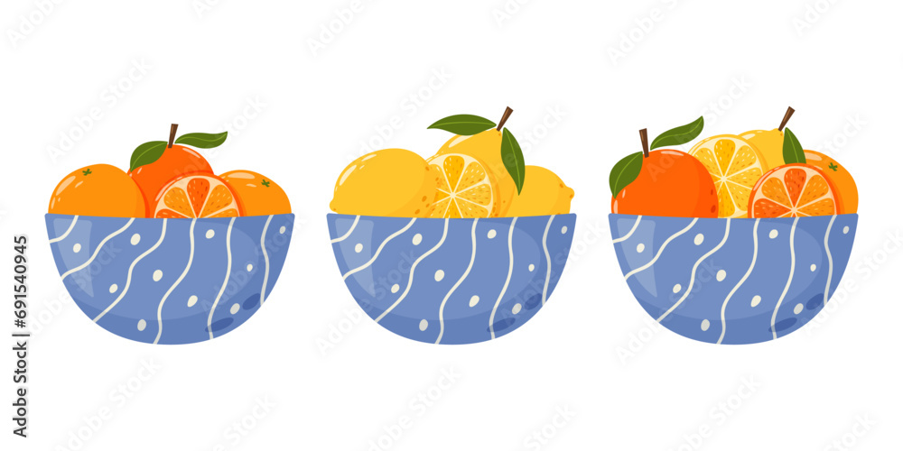 Set of deep bowls with orange and lemon. Healthy citrus fruits, whole and slices. Vector illustration in cartoon flat style. Set of deep bowls with orange and lemon. Healthy citrus fruits, whole and slices. Vector illustration in cartoon flat style.
