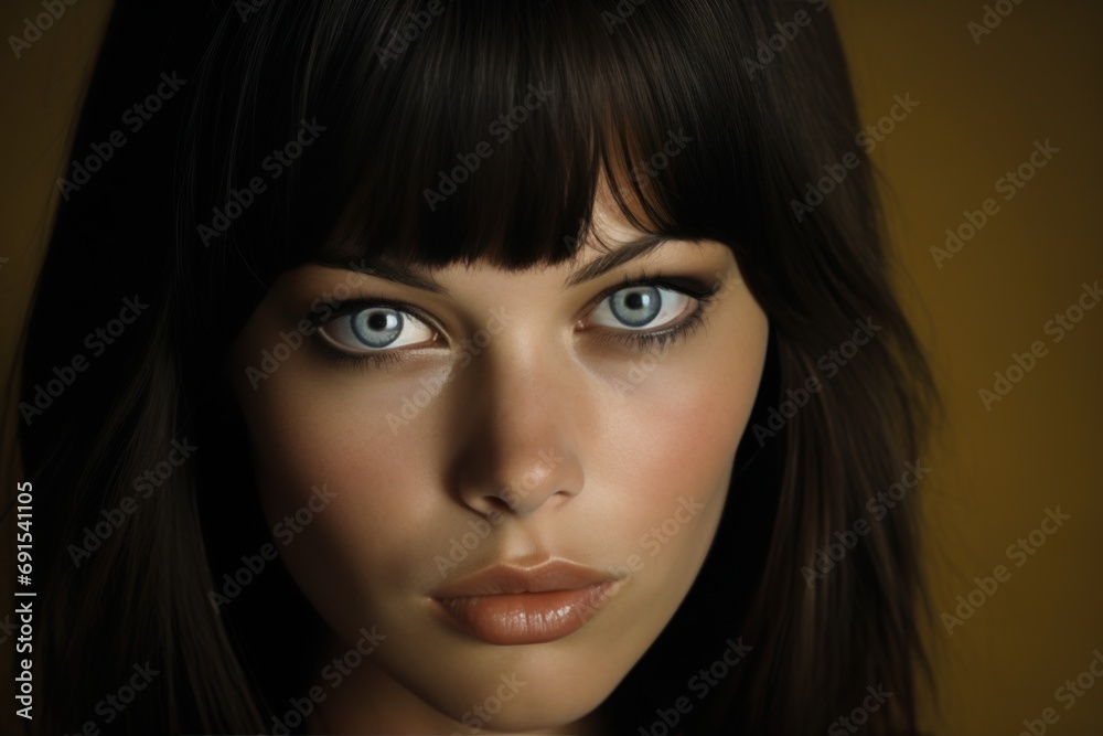 Beautiful Brunette Woman in the Pale Classic Blue Eyes Style - Retro 60s and 70s Fashion Background - Iconic Aesthetic Nostalgic Vintage Brown Hair Girl Wallpaper created with Generative AI Technology