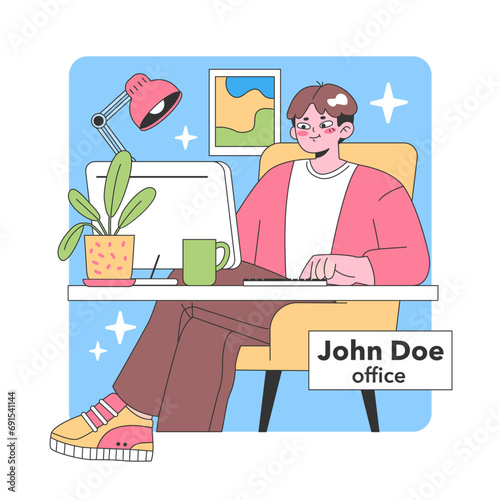 Dedicated workspace concept. A focused individual engrossed in his tasks at his personalized office desk, adorned with essential accessories and framed artwork. Productivity at its peak. Flat vector
