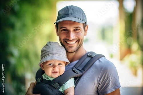 A father with his 1-year-old baby having a pleasant time walking in the countryside.