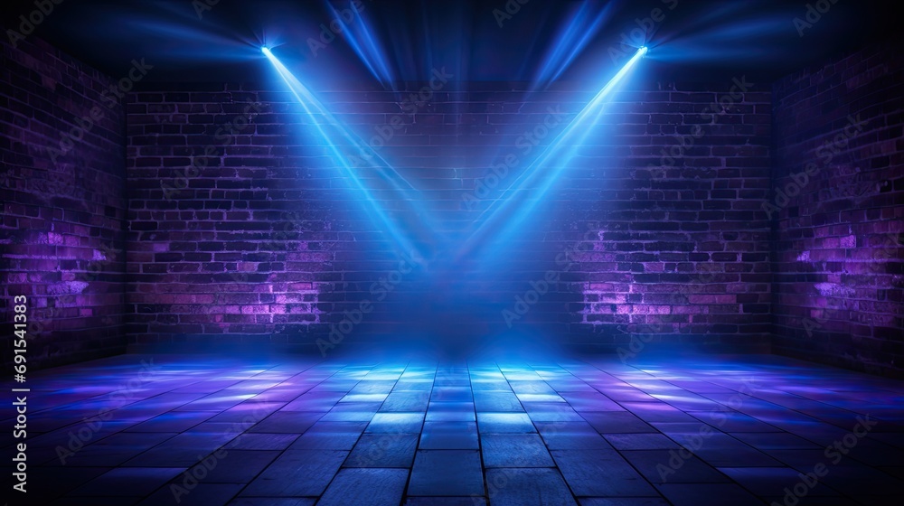 wall texture pattern, blue, and purple background, an empty dark scene, laser beams, neon, spotlights reflection on the floor, and a studio room for display products.