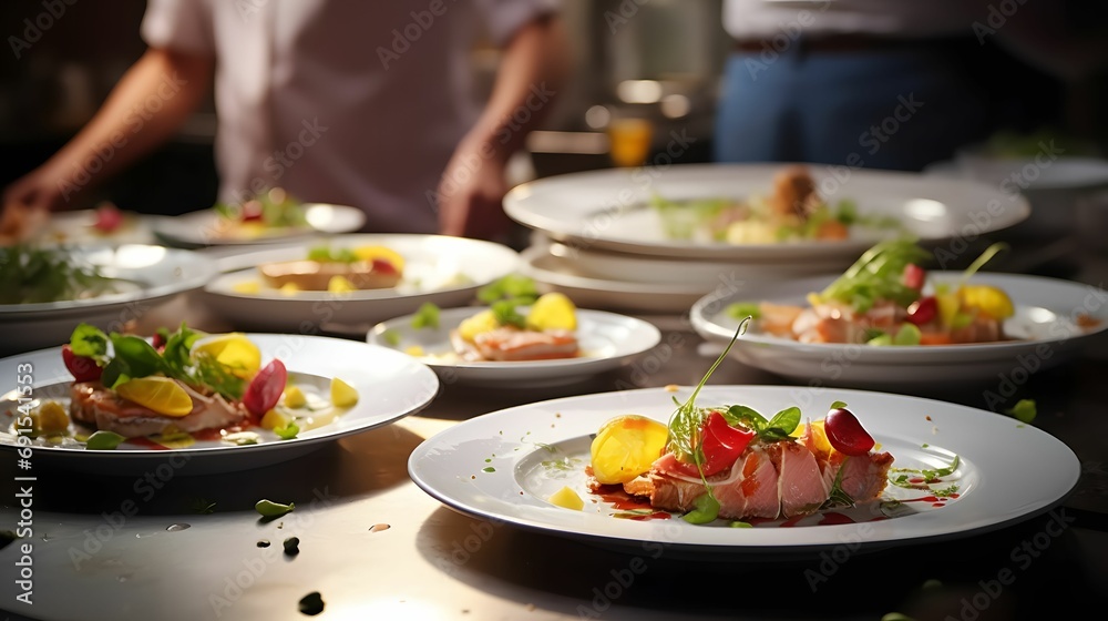 Gourmet chef crafting culinary masterpieces on plates, with a rich golden palette and meticulous precision, bokeh photo in background Gourmet chef crafting culinary masterpieces on plates, with a rich golden palette and meticulous precision, bokeh photo in background