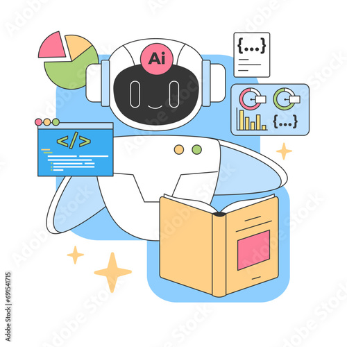 AI-powered virtual assistant analyses data and codes. Active in programming tasks, exploring charts, and reading materials. Skillful in multitasking ensuring seamless workflow. vector illustration.