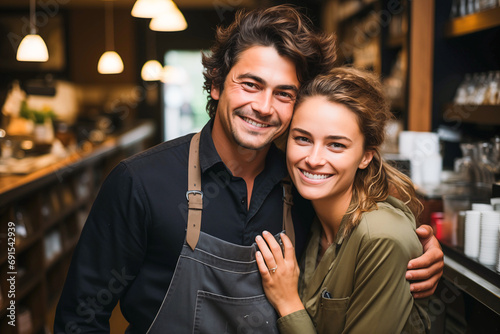 Couple, partner, and beauty girl stands in a coffee shop restaurant. concept Startup successful small business owner sme. photo