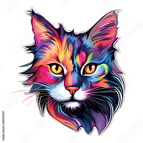 Colorful cat sticker with a rainbow head  in the style of digital art techniques.