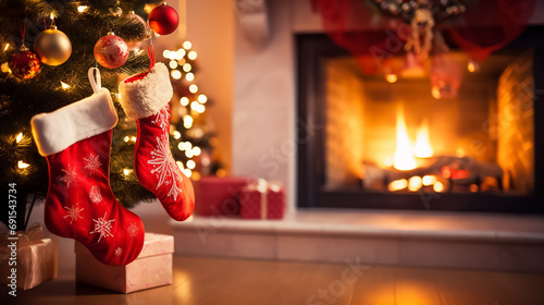 Red Christmas stockings hang on the fireplace. In the background there is a Christmas tree and gifts.