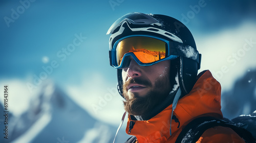 Professional skier man against the backdrop of a mountain winter snowy landscape. Close-up shot. © Victoria