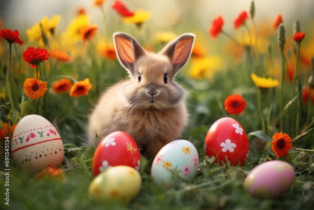 Adorable Bunny With Easter Eggs In Flowery Spring Meadow Landscape