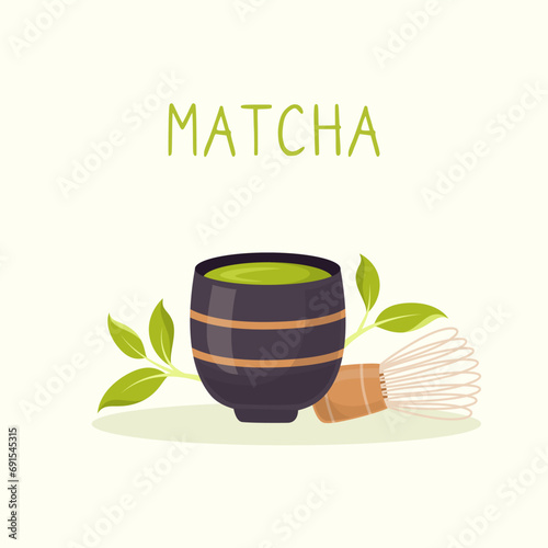 Matcha tea poster. Set of traditional cup, whisk, tea leaves in flat style. Tools for Japanese matcha tea ceremony.