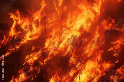 Aerial view of a forest fire with trees in flames