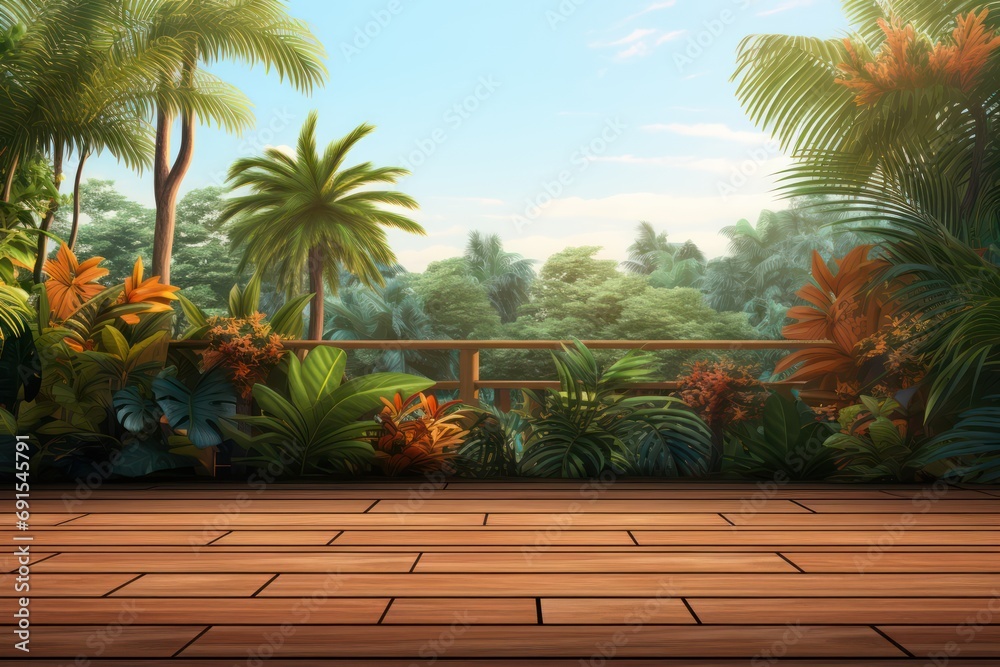 An empty wooden terrace featuring with a tropical tree garden