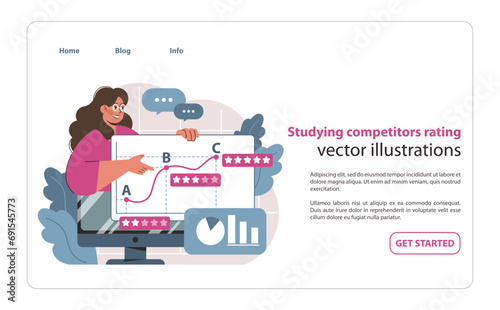 Competitor ratings exploration concept. Marketer analyzing performance metrics and customer ratings to strategize business positioning. Detailed market study visual. Flat vector illustration.