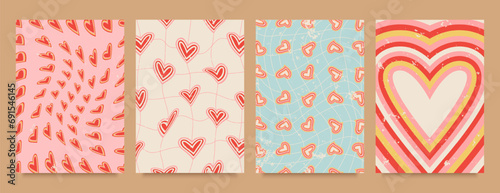 Set postcard, poster, cover, Valentines Day background. Ornament from hearts. Retro style 60s, 70s.