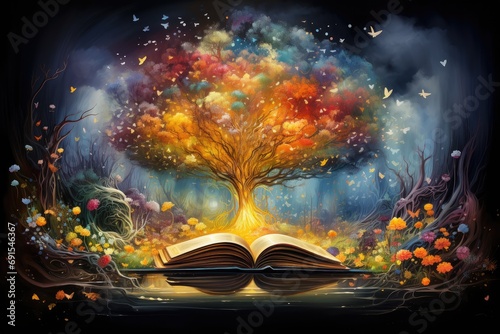 Open book with a rainbow tree