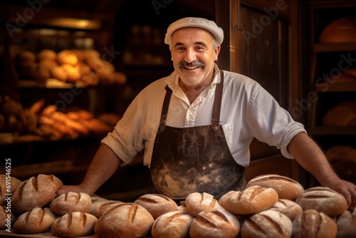 baker with bread in bakery photo