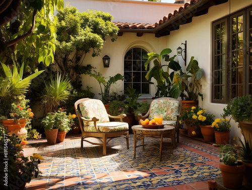 Colorful mosaic tiles in a Mediterranean style courtyard  creating a vibrant and charming atmosphere.
