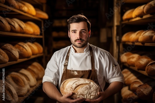 baker with bread in bakery