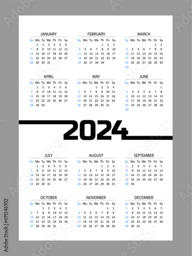 Vertical pocket calendar2024 year. Vector template. Week starts from Sunday. photo