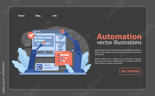 Automation in Digital Business. Mechanical arms streamline complex tasks, symbolizing efficiency and precision in technology-driven industries. Flat vector illustration.