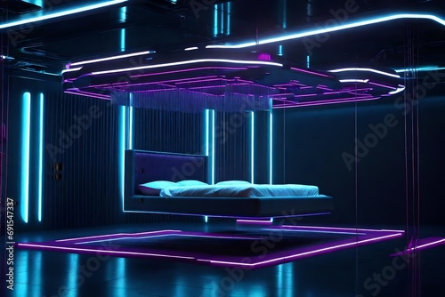 A futuristic floating bed suspended from the ceiling