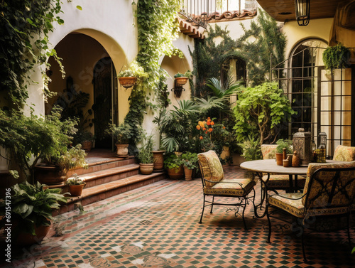 An elegant and vibrant outdoor courtyard with beautiful Mediterranean-style tiling and lush greenery.