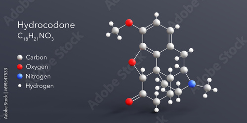 hydrocodone molecule 3d rendering, flat molecular structure with chemical formula and atoms color coding photo