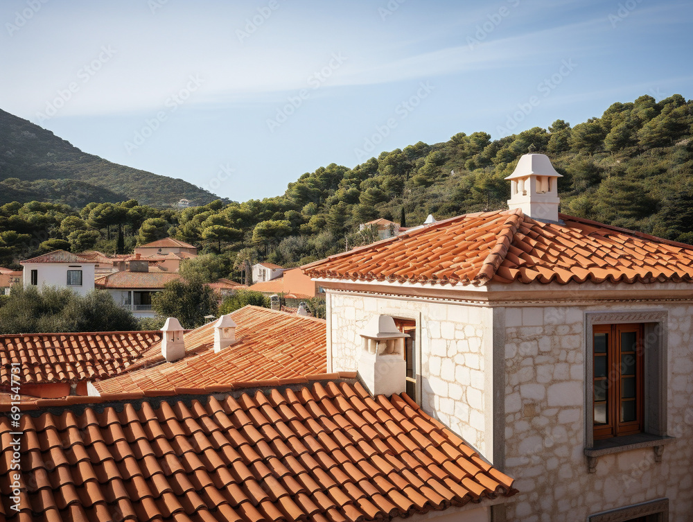 Aerial view of picturesque Mediterranean-style villas with terracotta roofs and beautiful surroundings.
