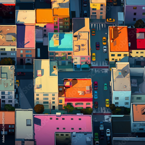 Filtered out high contrast vivid colored buildings in overhead view of urban colors seen from above photo