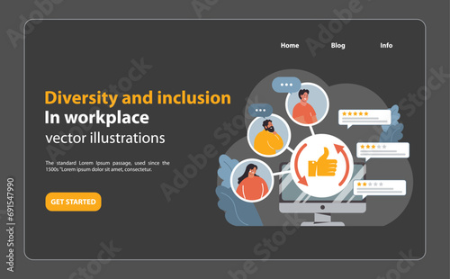 Diverse employees around a computer screen showcasing positive feedback and ratings. Embracing diversity in digital workplace feedback systems. Flat vector illustration photo