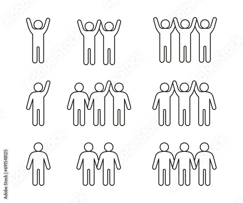 People greeting, wave hand, success, line icon. One, two and three person hands up. Happy respect on meeting, fan of game. Losing and winning at competition. Vector