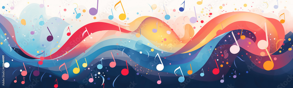 Abstract illustration of musical background with music notes and colorful wavy lines. Concept of the background and backdrop. - obrazy, fototapety, plakaty 