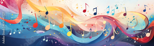 Abstract illustration of musical background with music notes and colorful wavy lines. Concept of the background and backdrop. photo