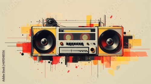 Analog aesthetic in design. Retro Boombox with Abstract Artistic Flair. Illustration with vintage boombox on abstract background with vibrant splashes of color and dynamic geometric shapes. photo