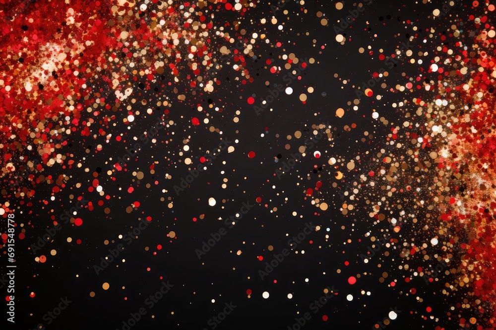 Abstract festive red and black background with golden confetti with copy space for text.
