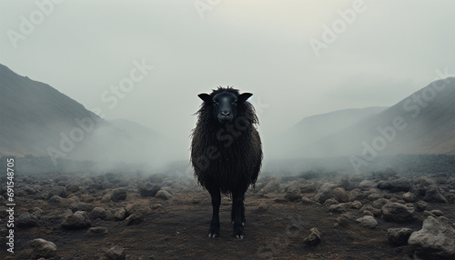 Lonely black sheep. Standing out of the crowd. Dare to be different concept. A black sheep among the herd of white sheep. Black sheep of the family concept design concept of being left out