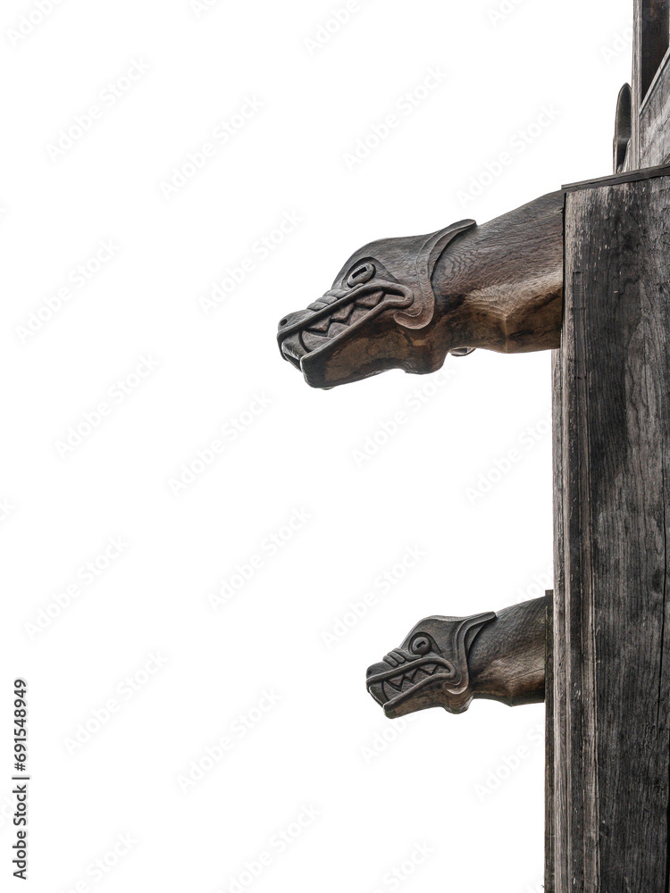 viking carvings of dreagon heads isolated on white