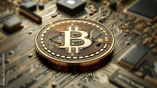 Bitcoin cryptocurrency concept, digital currency symbol, blockchain technology, golden coin on circuit board background, crypto mining and investment, futuristic financial tech, digital money network