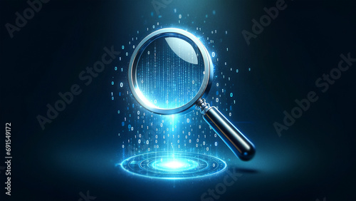 Data analysis concept with magnifying glass, digital data search, binary code investigation, information technology, cybersecurity research, virtual data inspection, digital forensic analysis photo