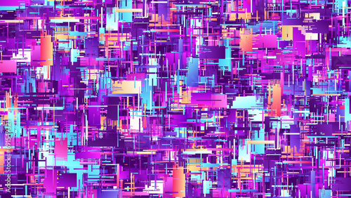 Colorful complex intricate texture with rectangular chaotic layered megastructure. Colorful abstract silicon semiconductor wafer. Glitch art modern grunge texture. Beautiful chaos. Vector background