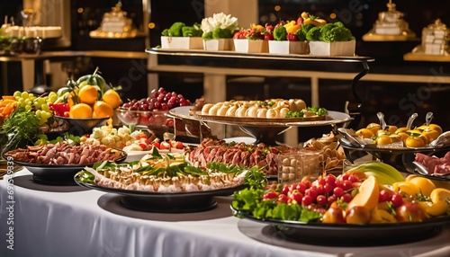 Group catering in restaurant, colorful buffet of fruits, vegetables, and meat © ibreakstock