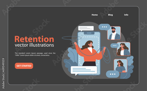 Retention strategy concept. Woman with lasso connecting diverse people via smartphone. Enhancing user engagement and loyalty. Building customer relationships. Flat vector illustration