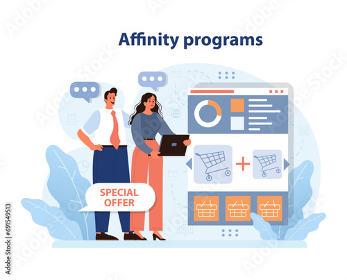 Affinity program dynamics. Professionals analyzing online special offers, focusing on maximizing customer loyalty. Interacting with dashboard, insights, and shopping carts. Flat vector illustration