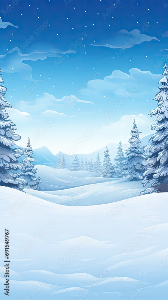Winter Wonderland Lanscape Comic Style Background - Beautiful Winter Nature Hand-Drawn, Detail-Rich,  Modern Graphics Landscape Background created with Generative AI Technology