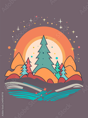 color vector New Year illustration with an image of a forest and a Christmas tree in a festive style for the design of prints, cards and interiors in the New Year style
