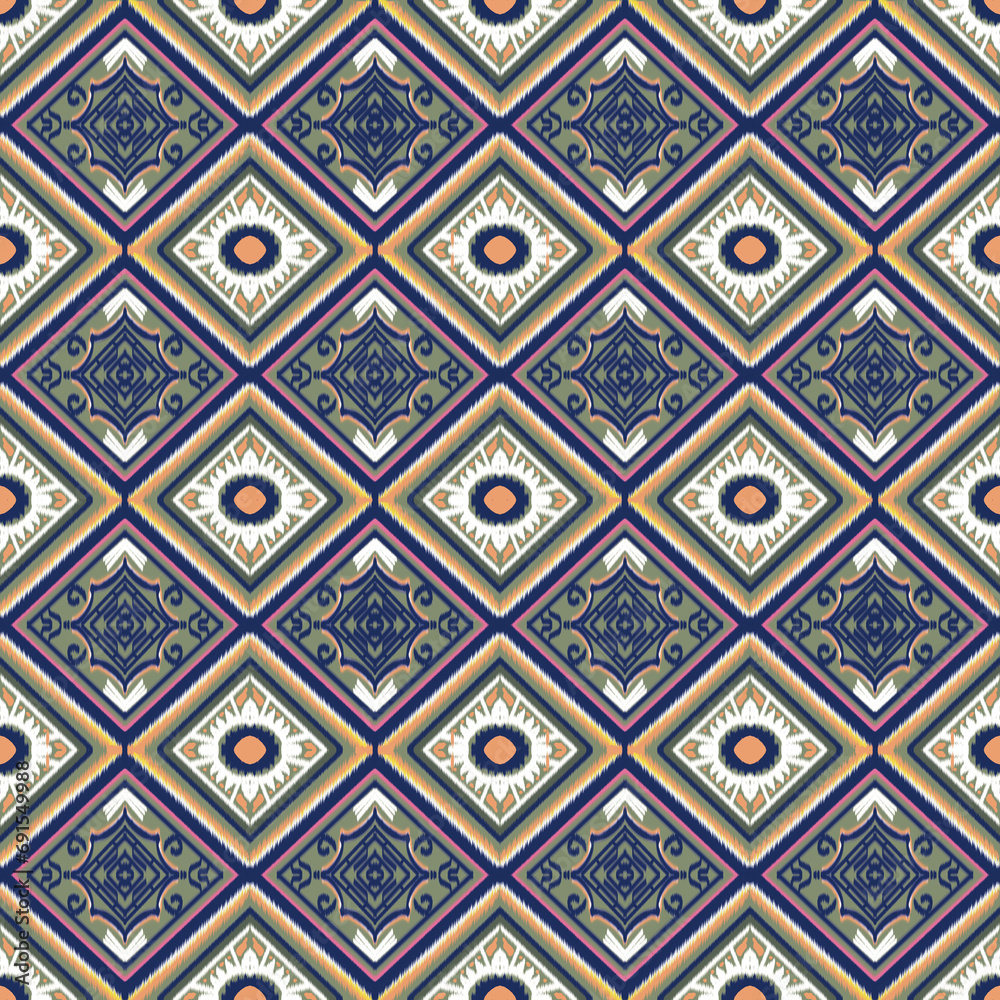 Embroidery geometrics ethnic oriental ikat seamless patterns on green background