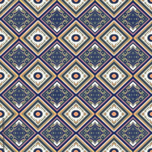 Embroidery geometrics ethnic oriental ikat seamless patterns on green background