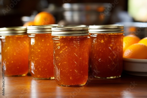 winter orange marmalade with cinnamon in mason jars photo