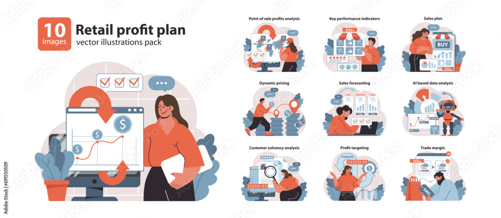 Retail Profit Plan set. Detailed analysis and strategic planning in sales and finance. Managing performance, pricing, and margins. Comprehensive business strategy visualization. Flat vector. - obrazy, fototapety, plakaty 